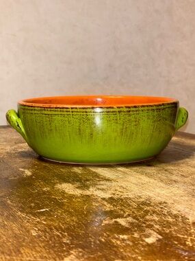 Vintage De Silva Italy Terracotta Casserole Serving Bowl Green Orange 9”